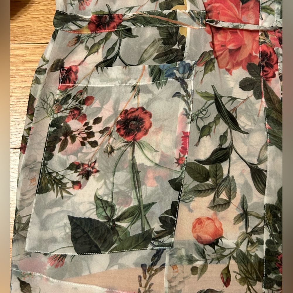Haute Hippie Sheer Silk Floral Tunic, Rollup Sleeves Open Front Drawstring Waist - Picture 12 of 16